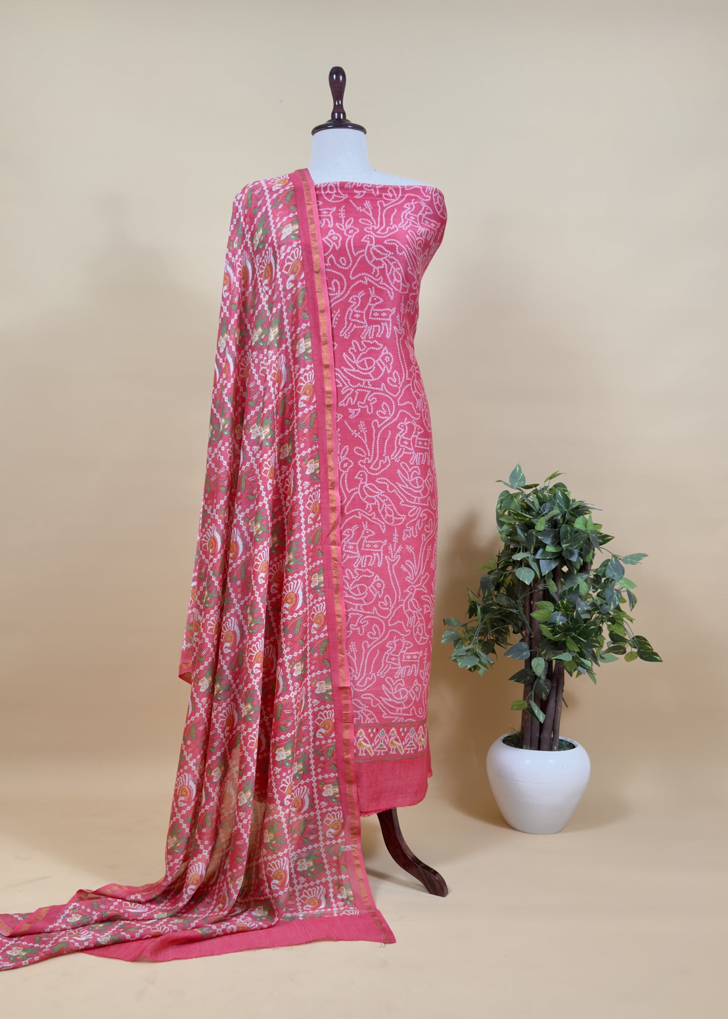 Camel Yellow Maheshwari Silk Unstitched Suit With Bandhani And Patola Print