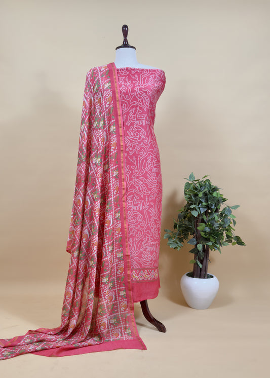 Pink Red Maheshwari Silk Unstitched Suit With Bandhani And Patola Print