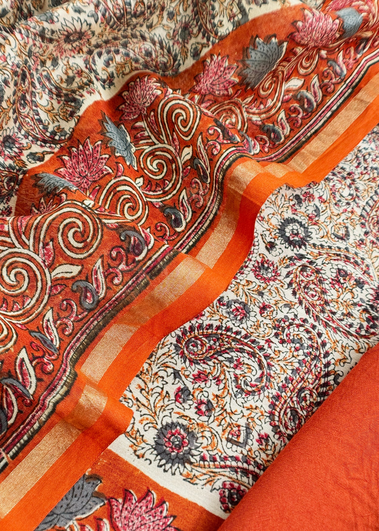 Orange Paisley Block Print Pure Maheshwari Silk Unstitched Suit