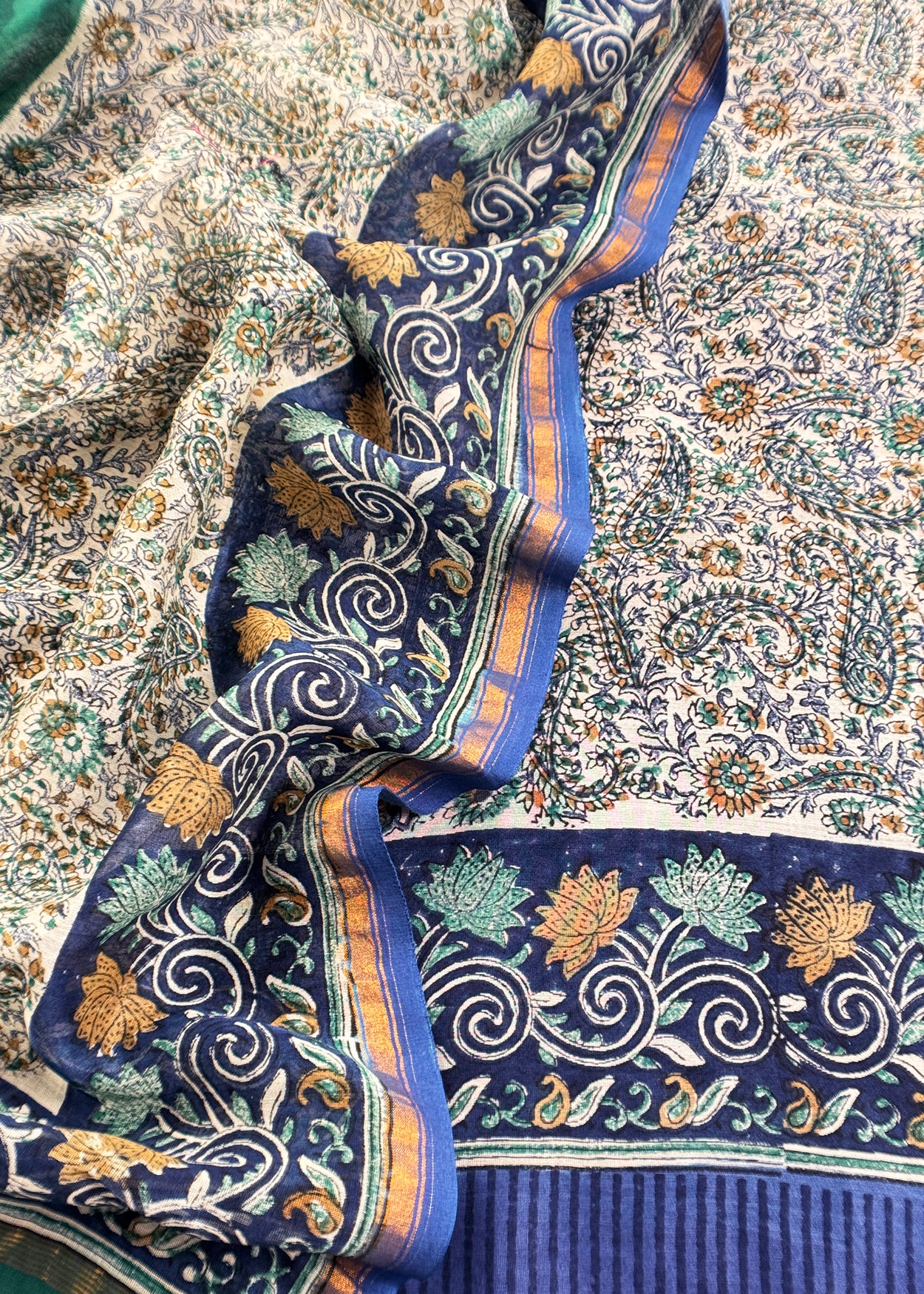 Blue Paisley Block Print Pure Maheshwari Silk Unstitched Suit
