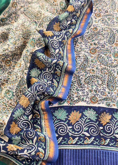 Blue Paisley Block Print Pure Maheshwari Silk Unstitched Suit