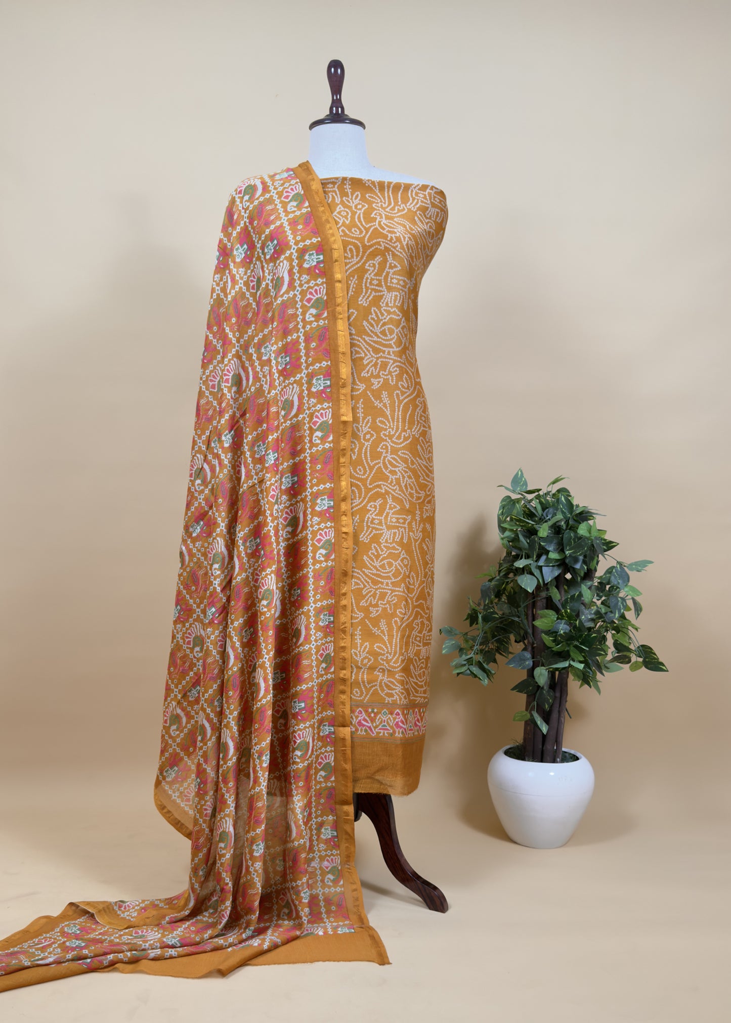 Camel Yellow Maheshwari Silk Unstitched Suit With Bandhani And Patola Print