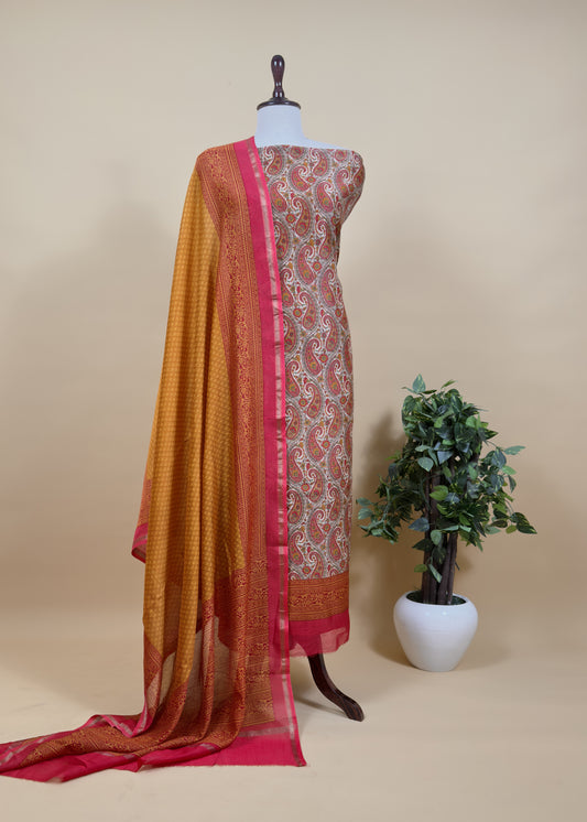 Yellow and Red Paisley Block Print Pure Maheshwari Silk Unstitched Suit