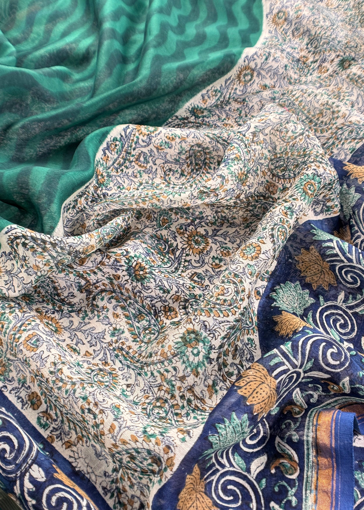 Blue Paisley Block Print Pure Maheshwari Silk Unstitched Suit