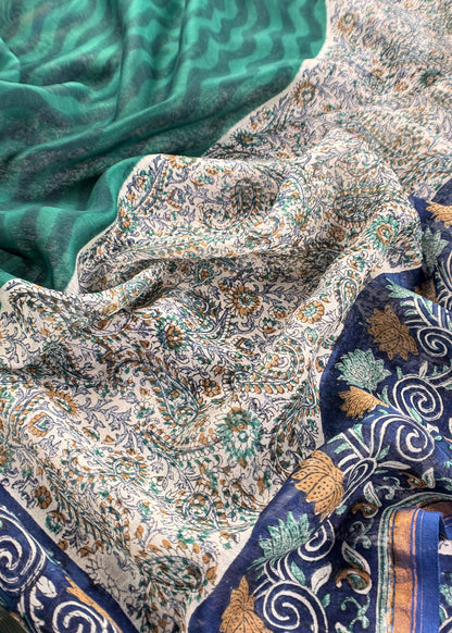Blue Paisley Block Print Pure Maheshwari Silk Unstitched Suit