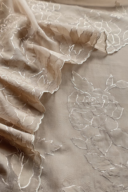 Beige French Roses Handloom Organza Suit Fabric With Appliqué And Pitta Work