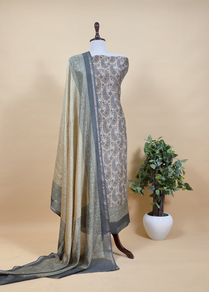 Yellow and Red Paisley Block Print Pure Maheshwari Silk Unstitched Suit