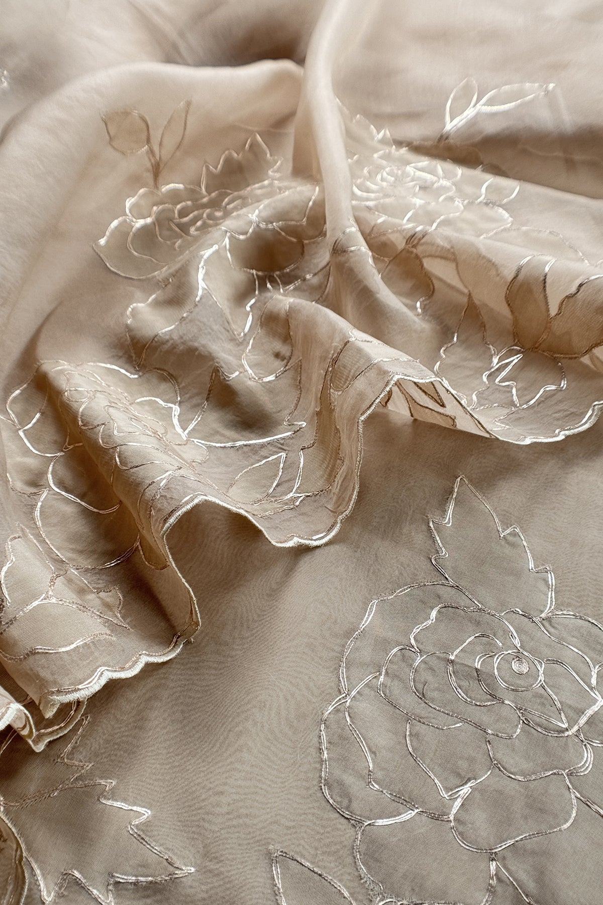Beige French Roses Handloom Organza Suit Fabric With Appliqué And Pitta Work