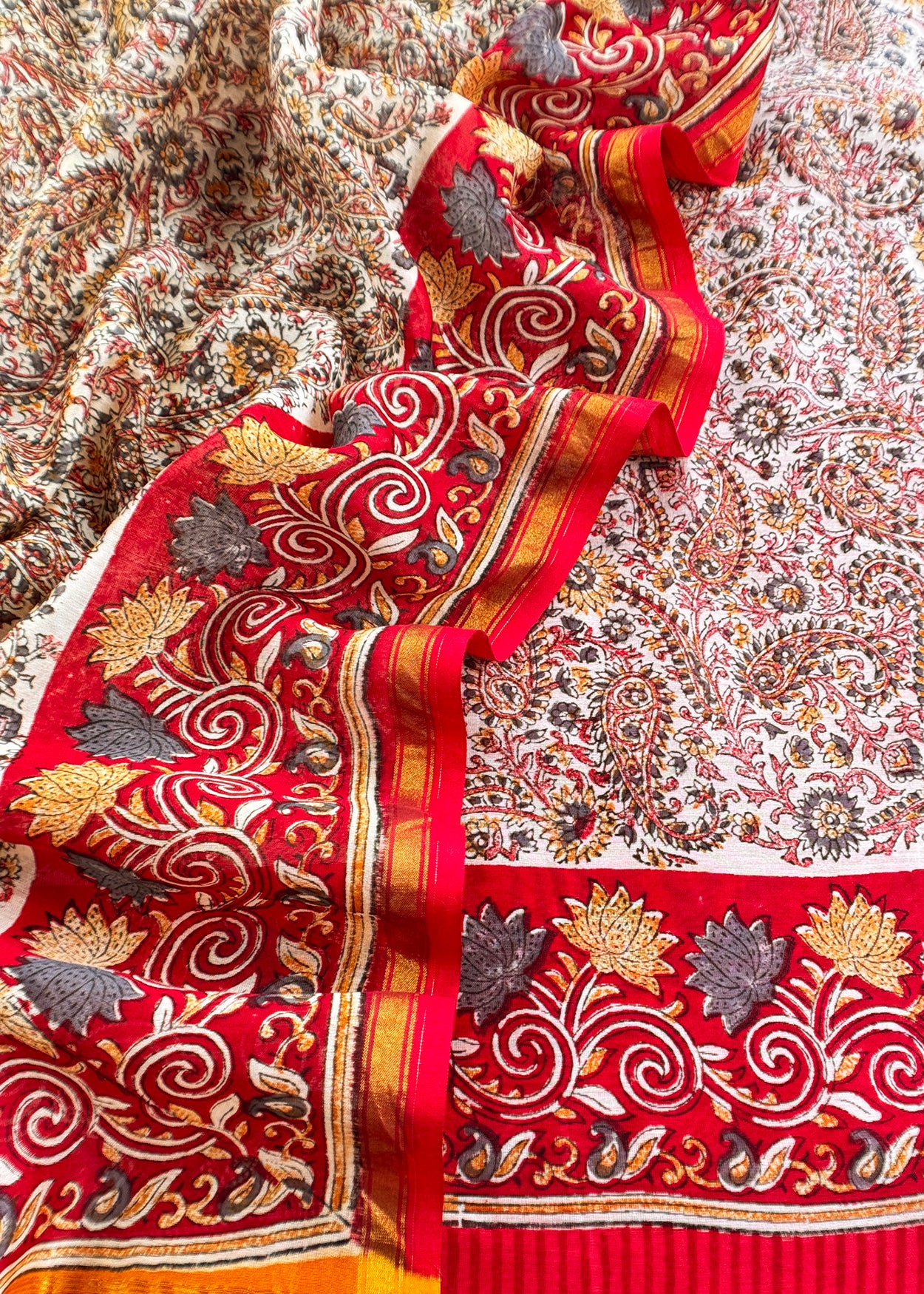Red Paisley Block Print Pure Maheshwari Silk Unstitched Suit
