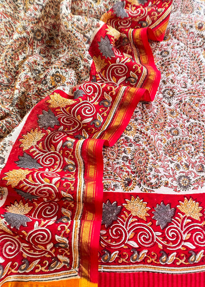 Red Paisley Block Print Pure Maheshwari Silk Unstitched Suit