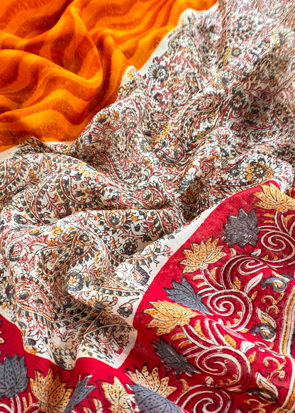 Orange Paisley Block Print Pure Maheshwari Silk Unstitched Suit