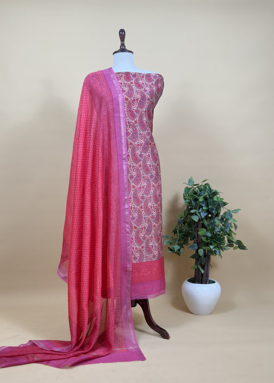 Pink Paisley Block Print Pure Maheshwari Silk Unstitched Suit