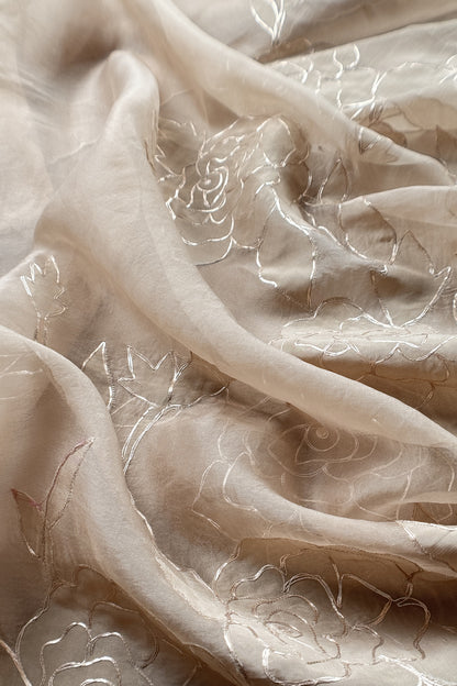 Beige French Roses Handloom Organza Suit Fabric With Appliqué And Pitta Work
