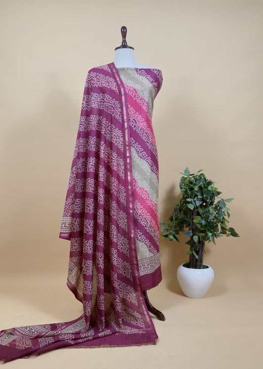 Wine And Gray Bandhani Suit In Maheshwari Silk