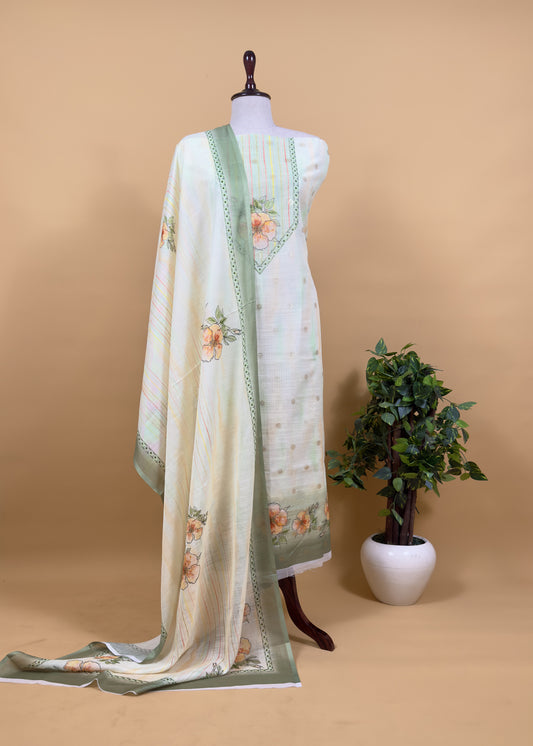 White And Green Foral Chanderi Blend Unstitched Suit With Zari Weaving