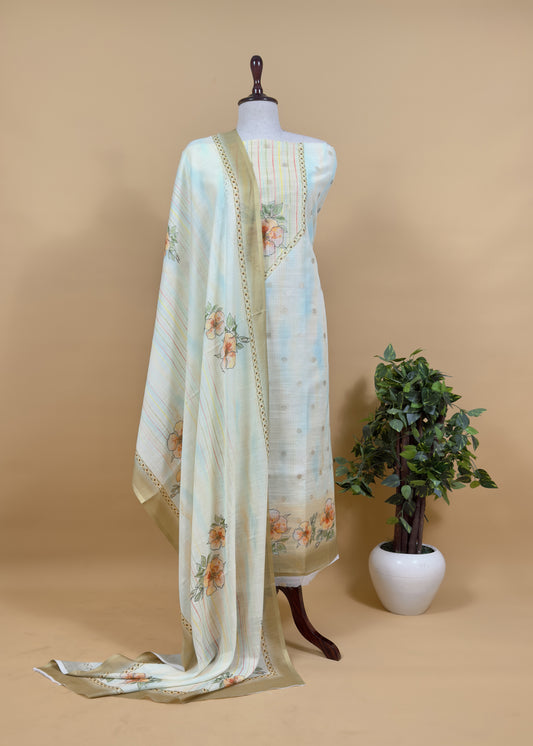 White And Mustard Foral Chanderi Blend Unstitched Suit With Zari Weaving