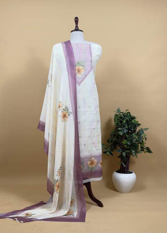 White And Purple Foral Chanderi Blend Unstitched Suit with Zari weaving