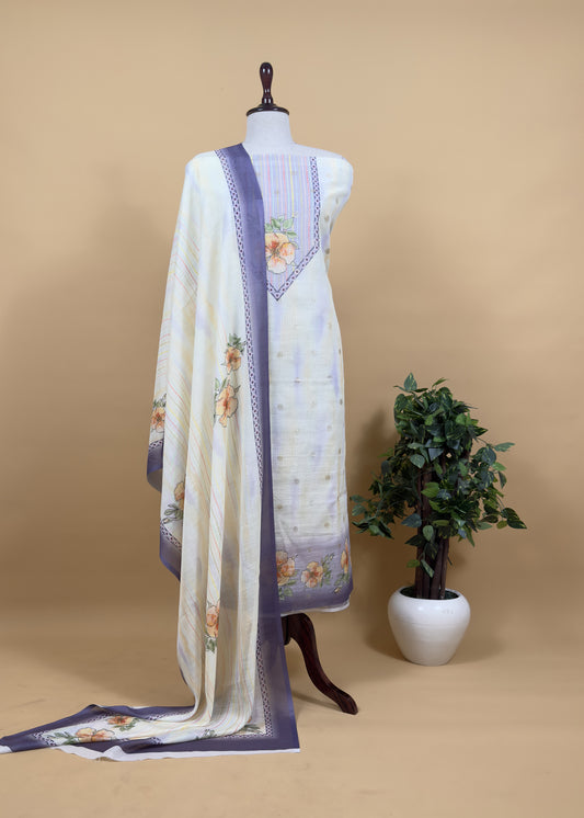 White And Blue Foral Chanderi Blend Unstitched Suit With Zari weaving
