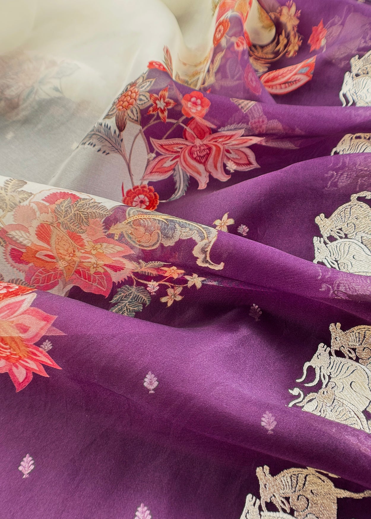 Premium quality organza unstitched suit with floral dupatta


