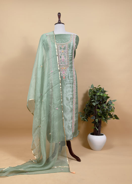 Festive Light Green Pure Tissue Silk Suit With Resham Embroidery