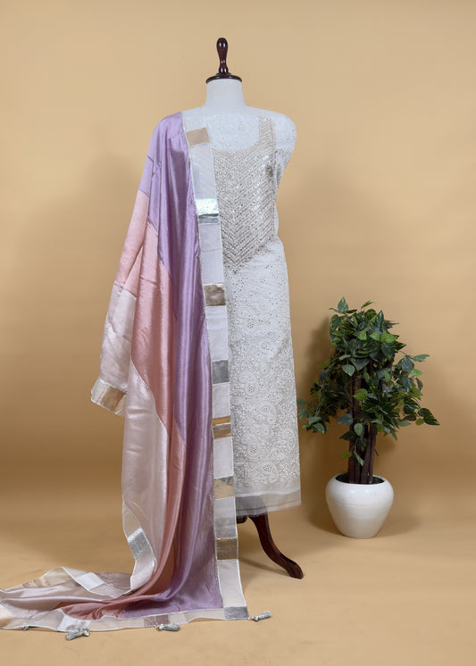 Pakeezah Ivory Kalasheel luxe Designer Kora Organza Suit With Chikankari And Gotapatti Work