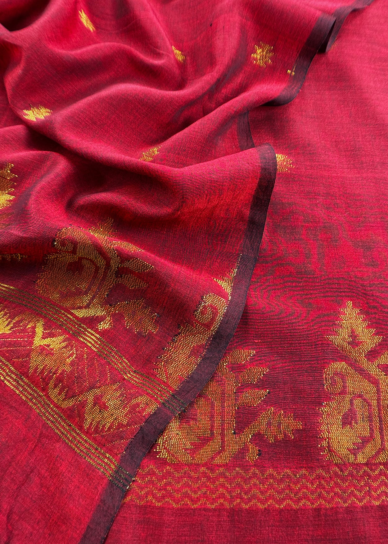 Blood Red Handloom Linen Suit Fabric With Jamdani Weaving