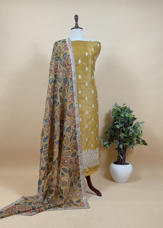 Rangreza Kalasheel Luxe Citrine Yellow Handloom Organza Suit With Real Hand-painted Kalamkari And Hand Work