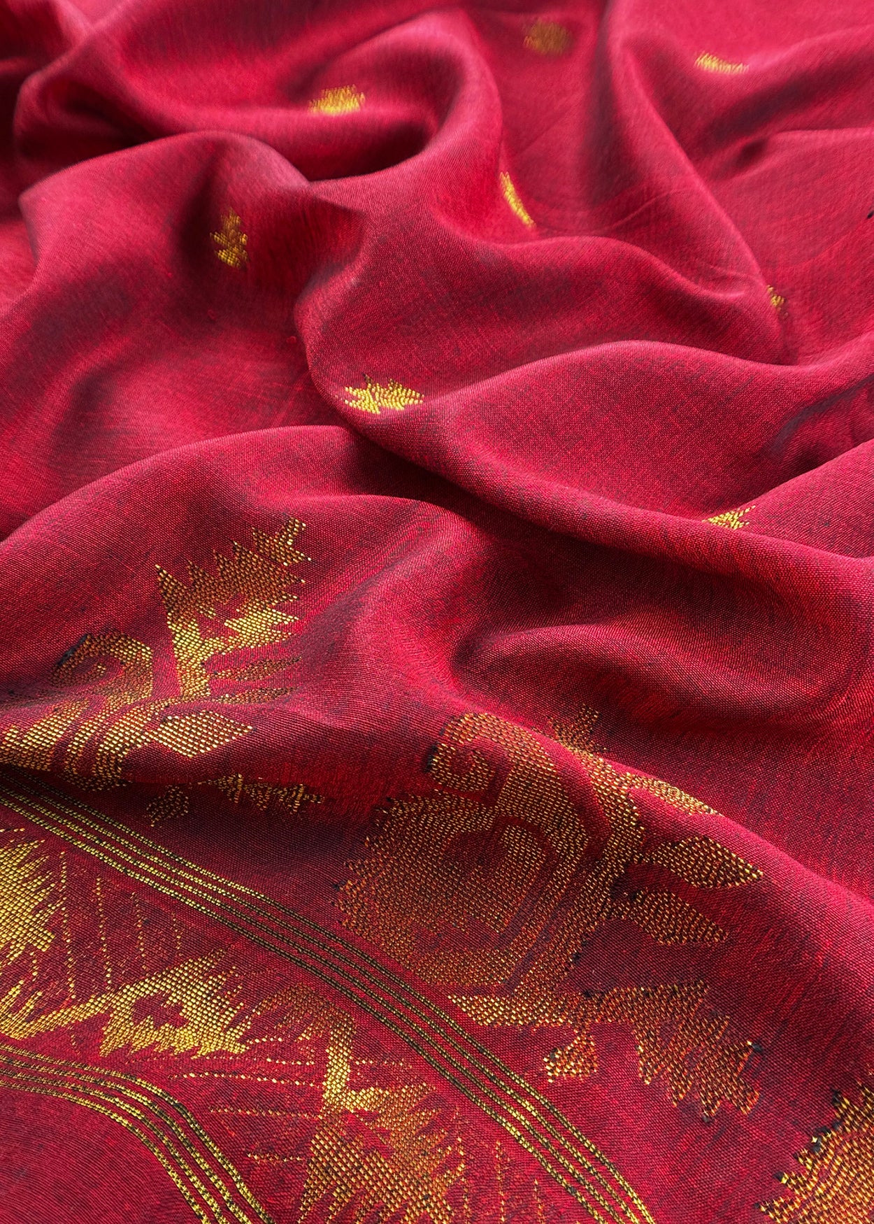 Blood Red Handloom Linen Suit Fabric With Jamdani Weaving