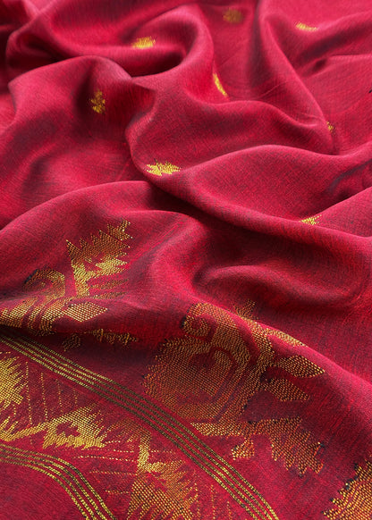 Blood Red Handloom Linen Suit Fabric With Jamdani Weaving