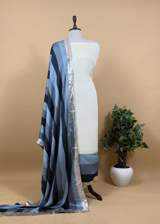 Rohit Bal Abstract Digital Print Pure Satin Silk Dupatta-Suit With Laces