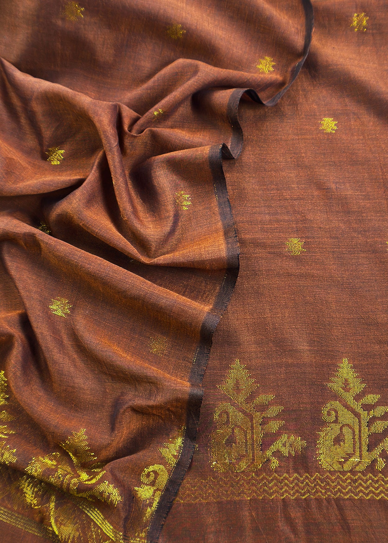 Walnut Brown Handloom Linen Suit Fabric With Jamdani Weaving