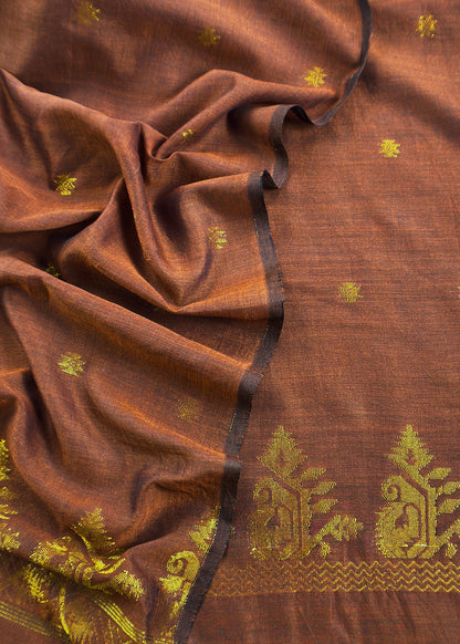 Walnut Brown Handloom Linen Suit Fabric With Jamdani Weaving