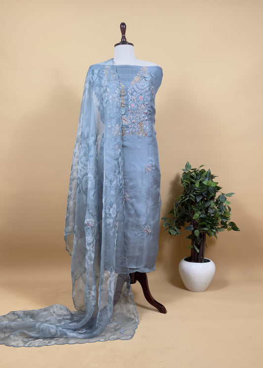 Bluish Grey Pure Organa kurta And Floral Dupatta With Sequins, Cutdana And Appliqué Work