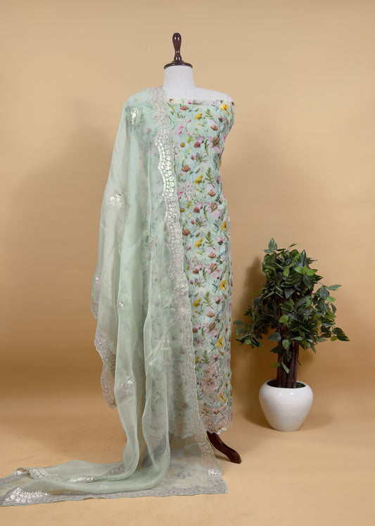 Soft Pista Green Kalasheel Luxe Phool Bagh Pure Organza Suit With Pitta Work