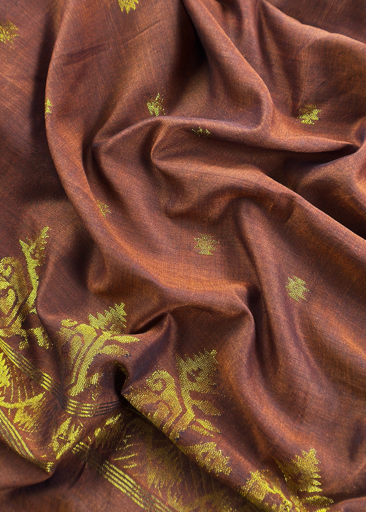 Walnut Brown Handloom Linen Suit Fabric With Jamdani Weaving