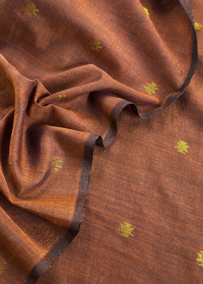 Walnut Brown Handloom Linen Suit Fabric With Jamdani Weaving