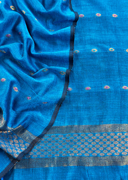 Royal Blue Handloom Linen Suit fabric With Jamdani Weaving