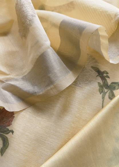 Yellow  Summer Floral Unstitched Suit In Chanderi Blend Fabric