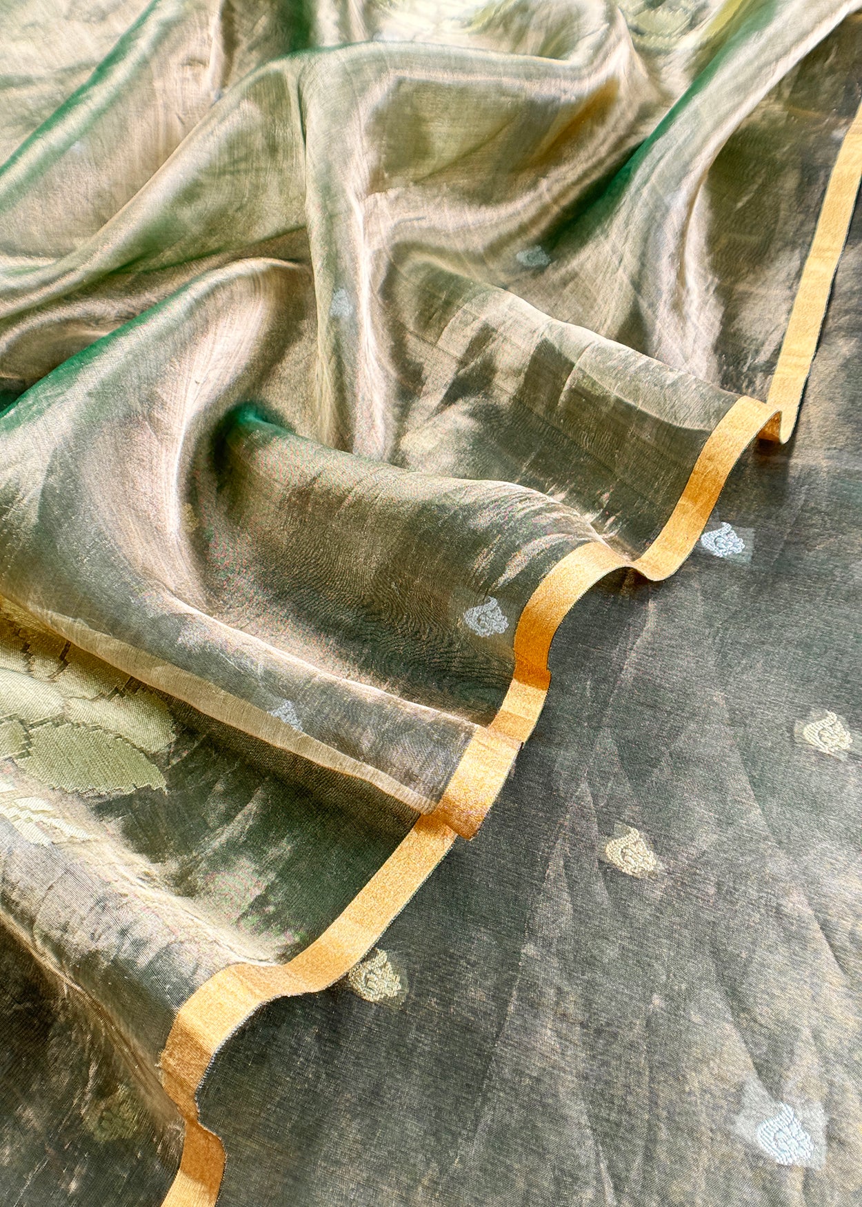 Olive Green Handloom Tissue Silk Suit With Kadwa Weaves
