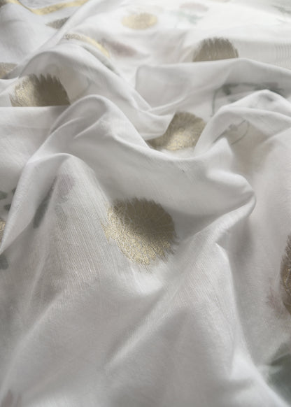 White  Summer Floral Unstitched Suit In Chanderi Blend Fabric