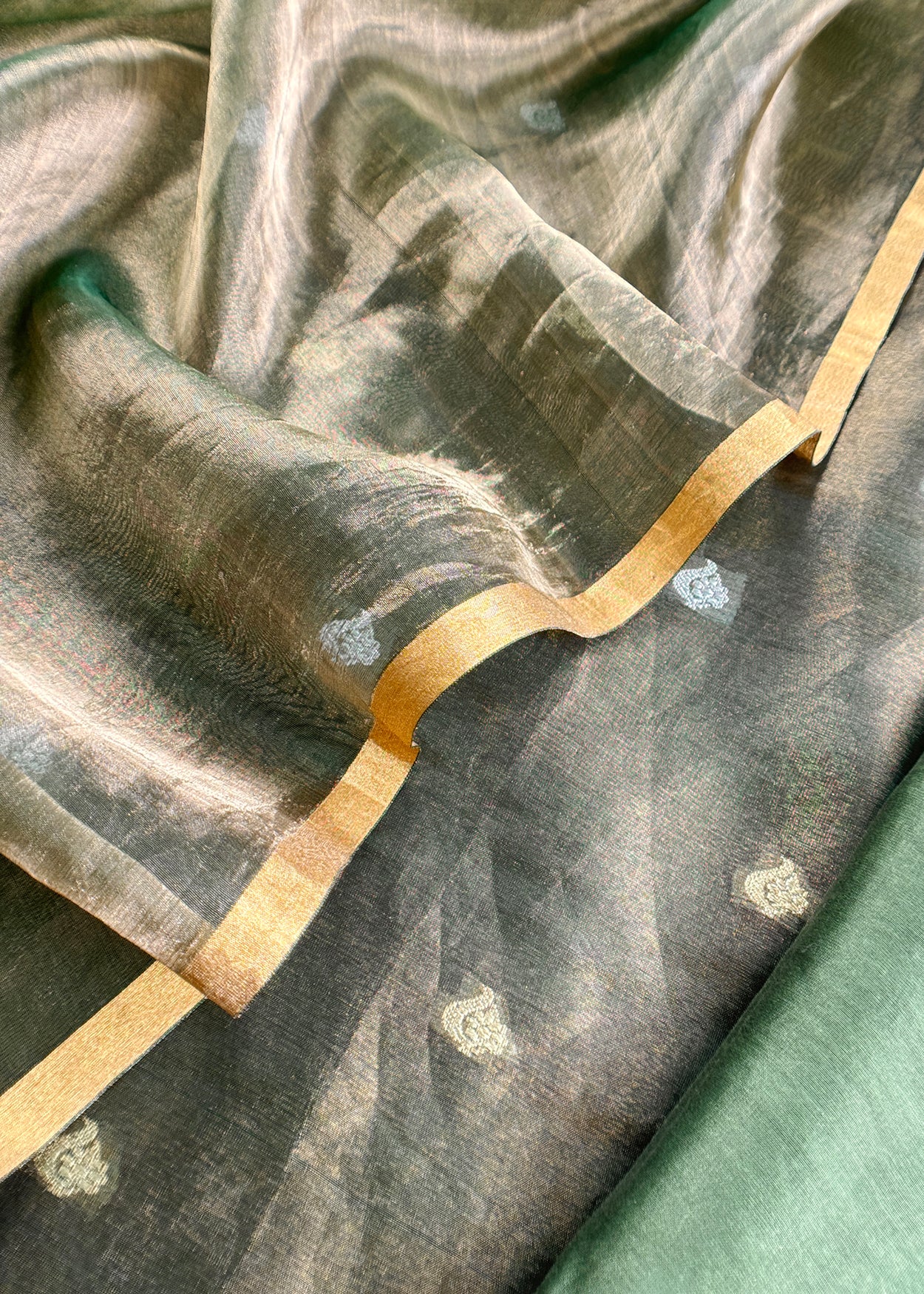 Olive Green Handloom Tissue Silk Suit With Kadwa Weaves