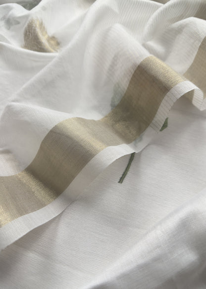 White  Summer Floral Unstitched Suit In Chanderi Blend Fabric