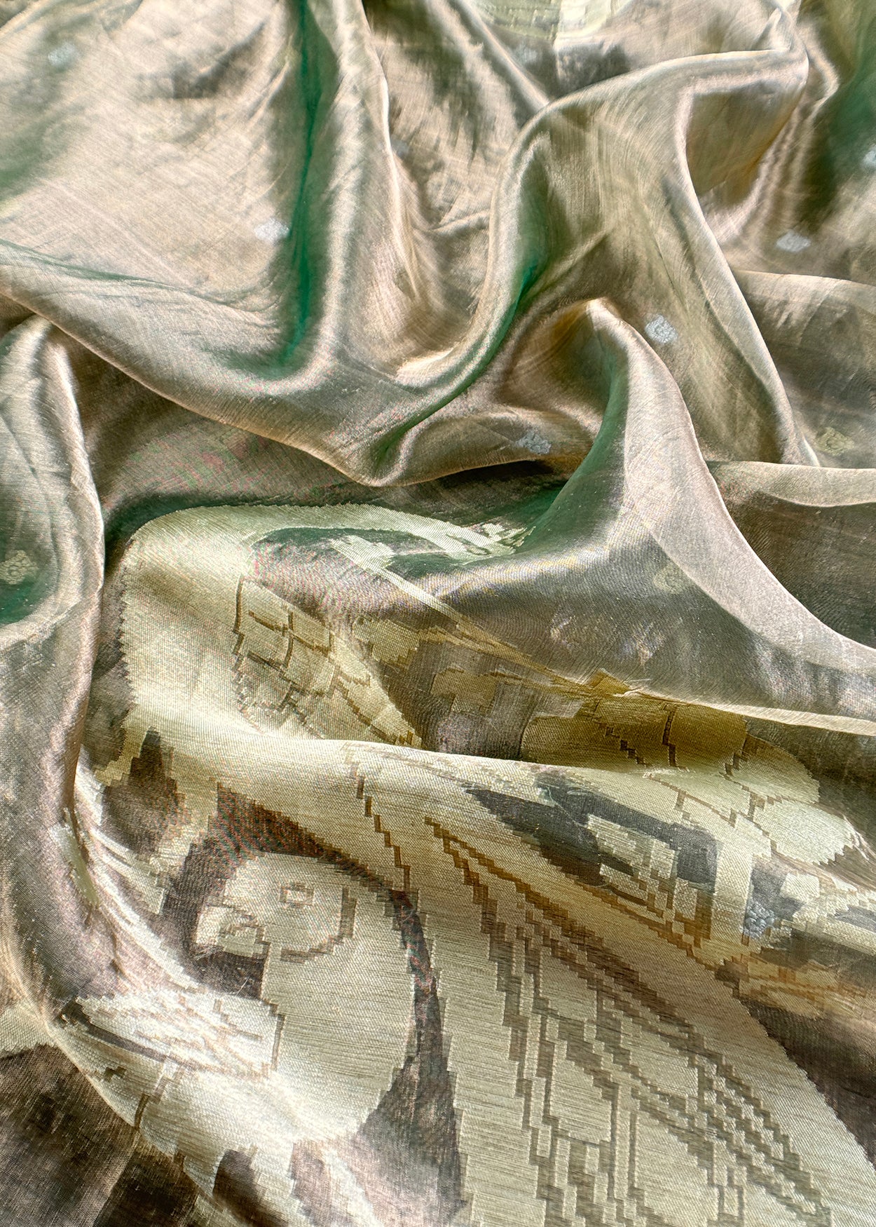 Olive Green Handloom Tissue Silk Suit With Kadwa Weaves