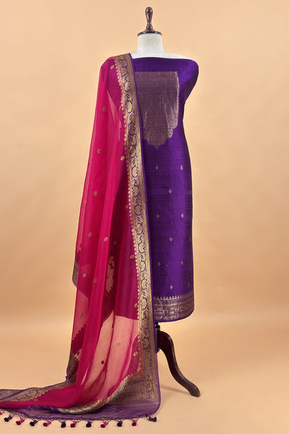 Purple And Pink Handloom Raw Silk Suit With Kora Silk Dupatta