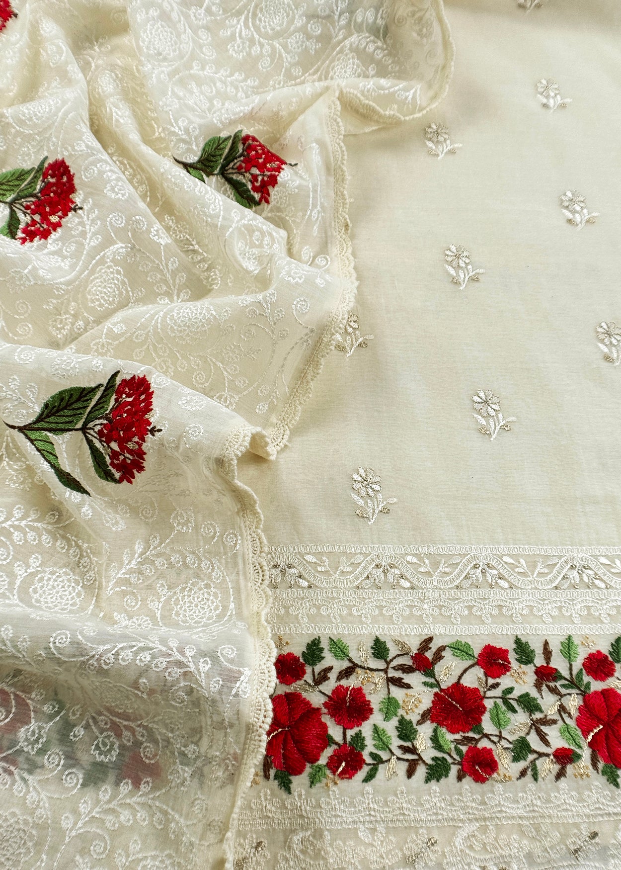Luxe Dove White Handloom Mulmul Unstitched Suit With Parsi Thread Embroidery