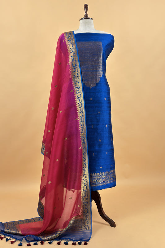Blue and Pink Handloom Raw Silk Kurta And Kora Silk Dupatta With Kadwa Weaving