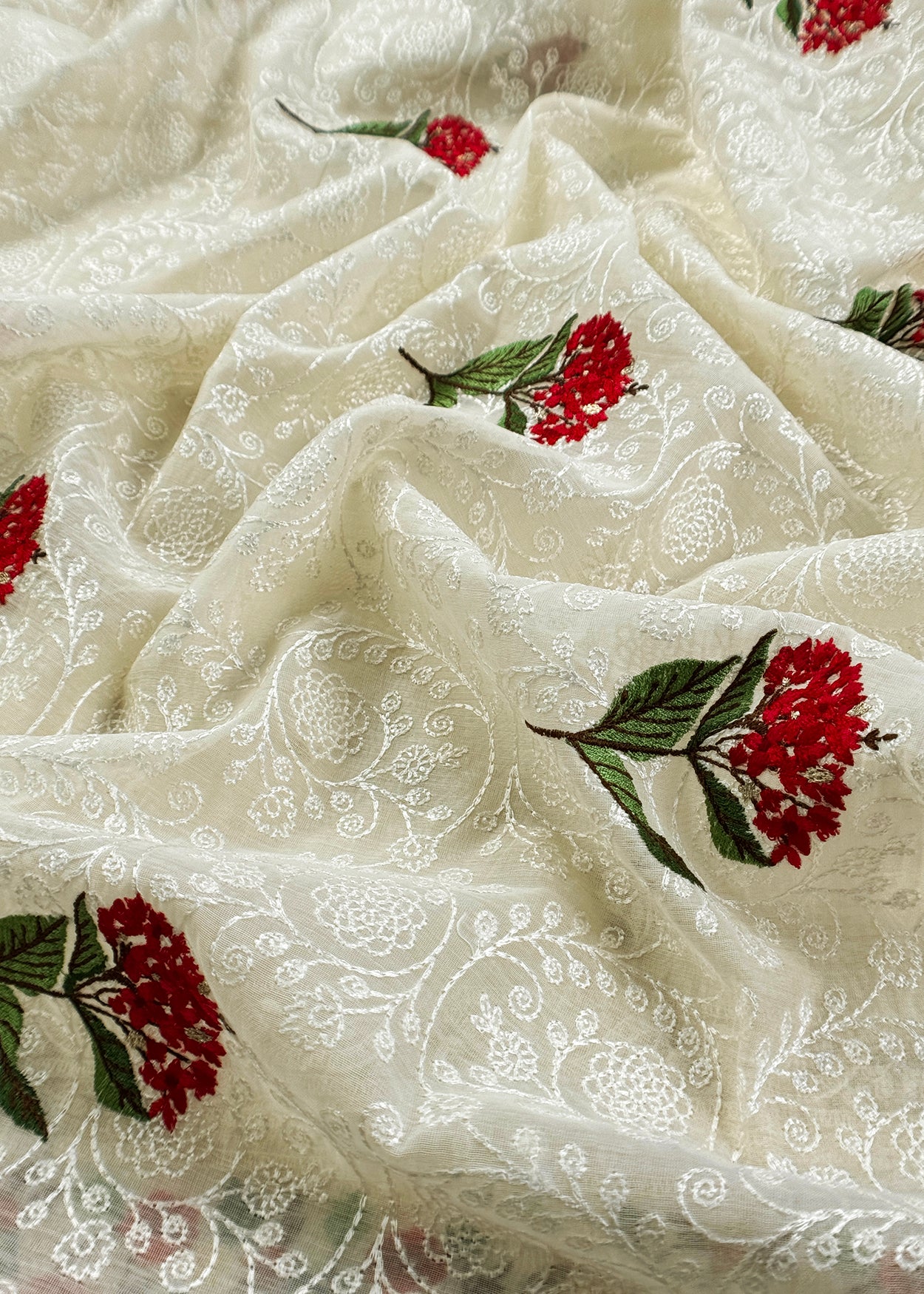 Luxe Dove White Handloom Mulmul Unstitched Suit With Parsi Thread Embroidery