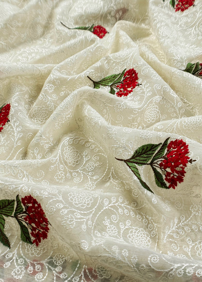 Luxe Dove White Handloom Mulmul Unstitched Suit With Parsi Thread Embroidery