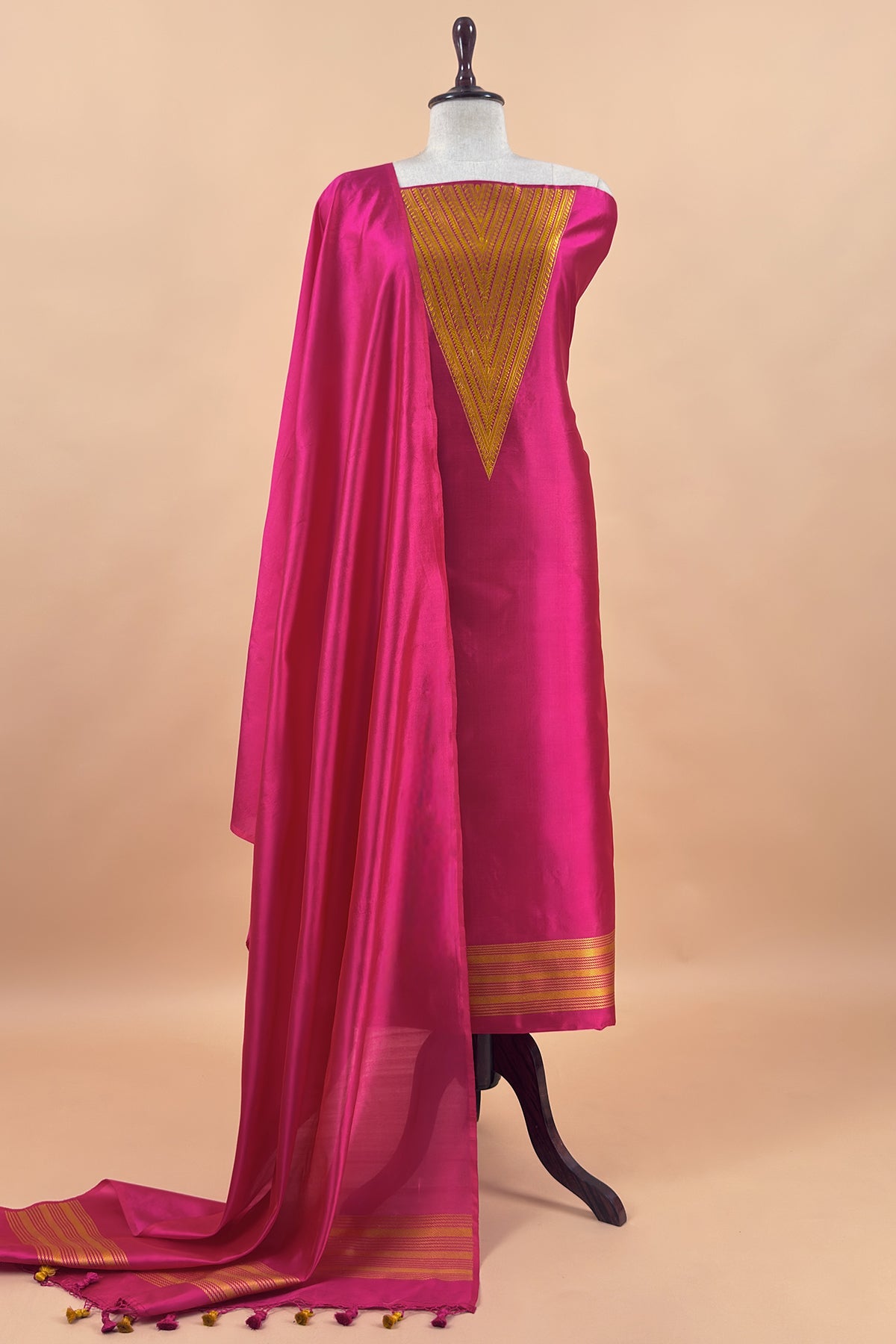 Pink Handloom Zari Weaving Silk Suit With Kora Dupatta
