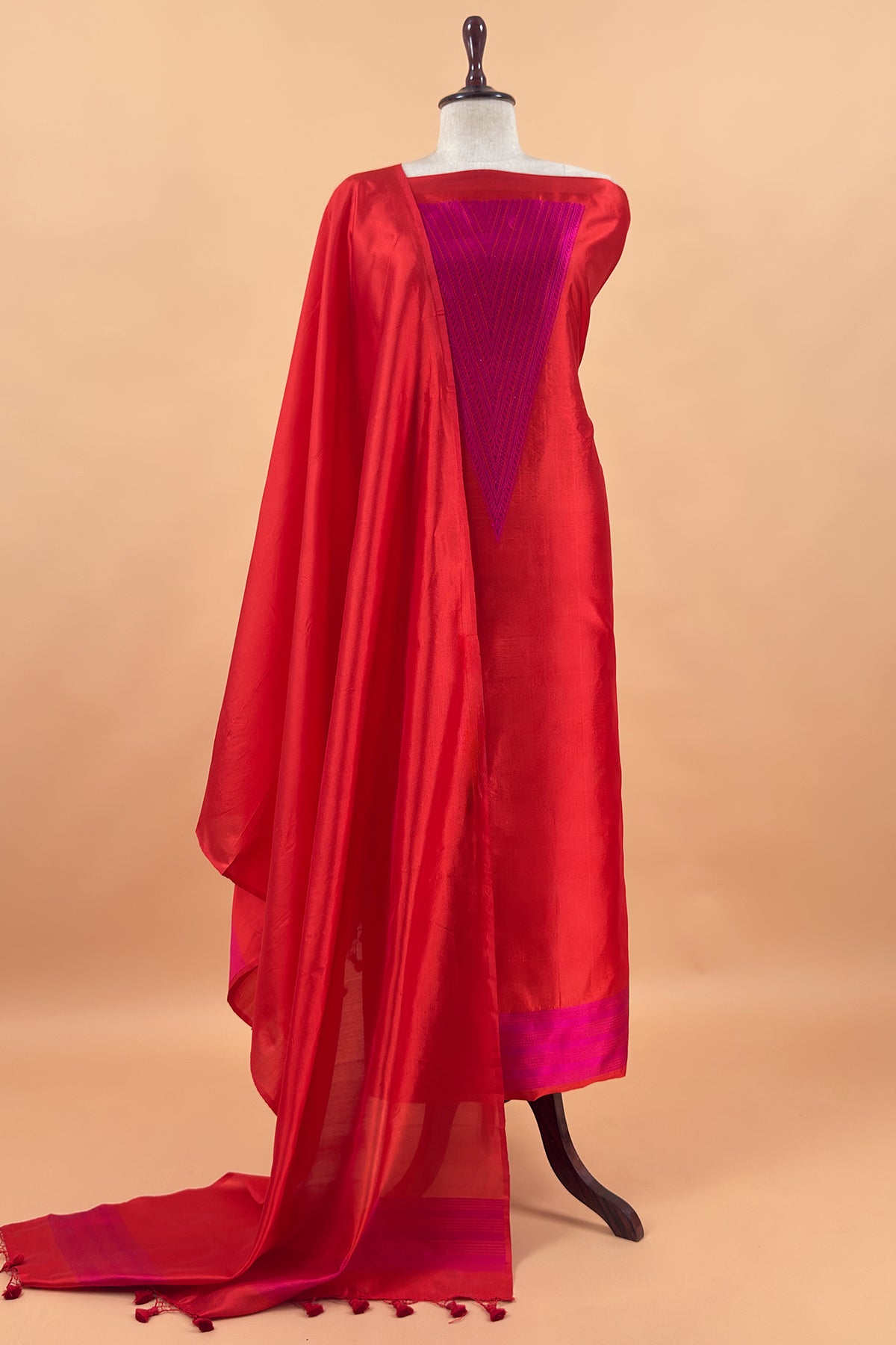 Red Pink Handloom Zari Weaving Silk Suit With Kora Dupatta